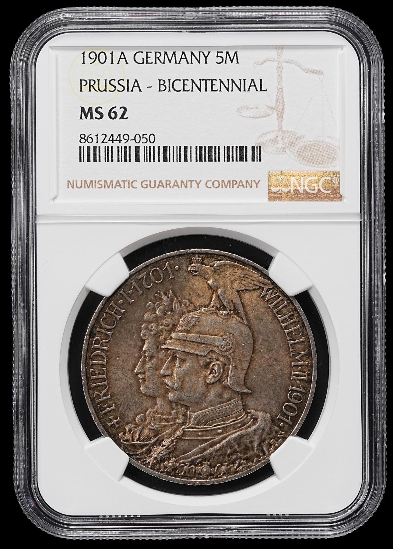 修遠堂世界钱币第九十六期 NGC MS62 1901年普鲁士建国200周年5马克大银币 重包浆