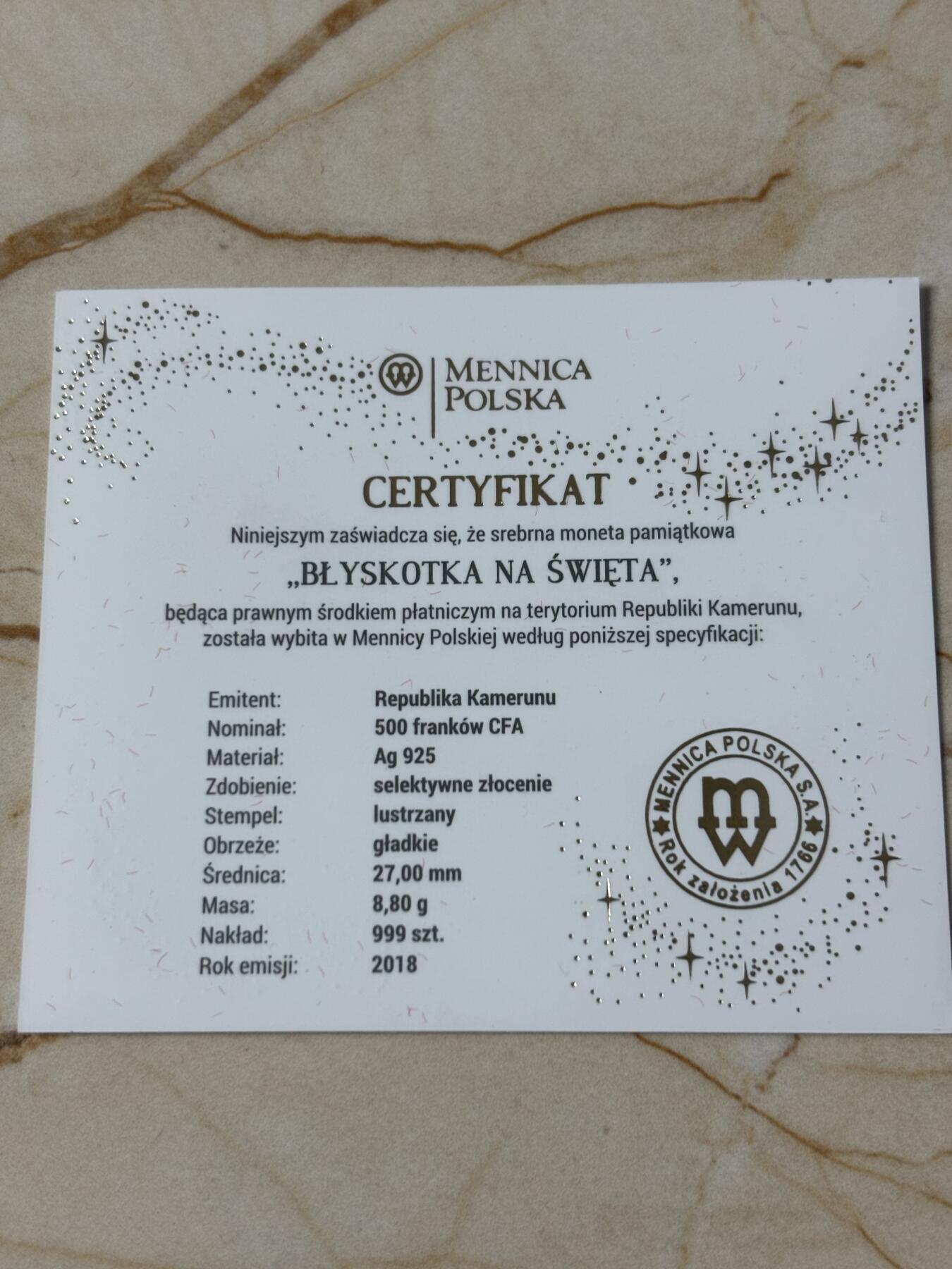 第184期拍卖 喀麦隆2018年星月天使金边币边双圆孔项链吊坠镀24K金精制银币，925银，8.8克，发行999枚