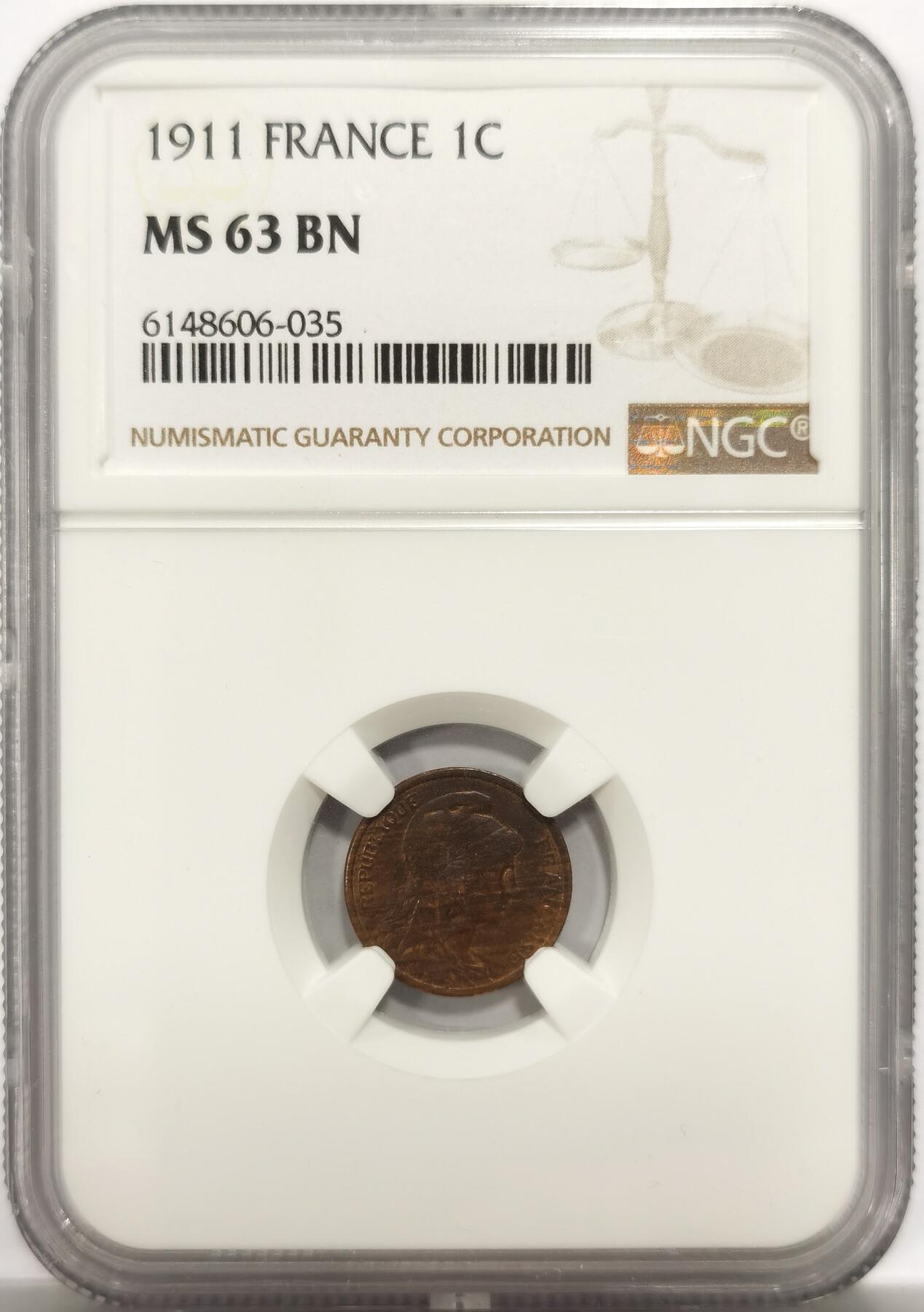 博洋堂世界钱币拍卖第150期（全场包邮） NGC MS63 法国1911年玛丽安娜1分铜币 巧克力包浆 小巧可爱。