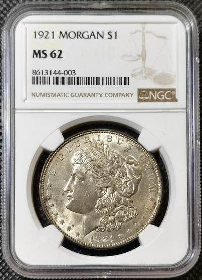 甄臻铺-世界币章拍卖（第42期）送拍享返佣金等优惠多多 - NGC-MS62 美国1921年摩根1美元银币 双面带彩，状态极佳，暴力转光，打制深峻，性价比高