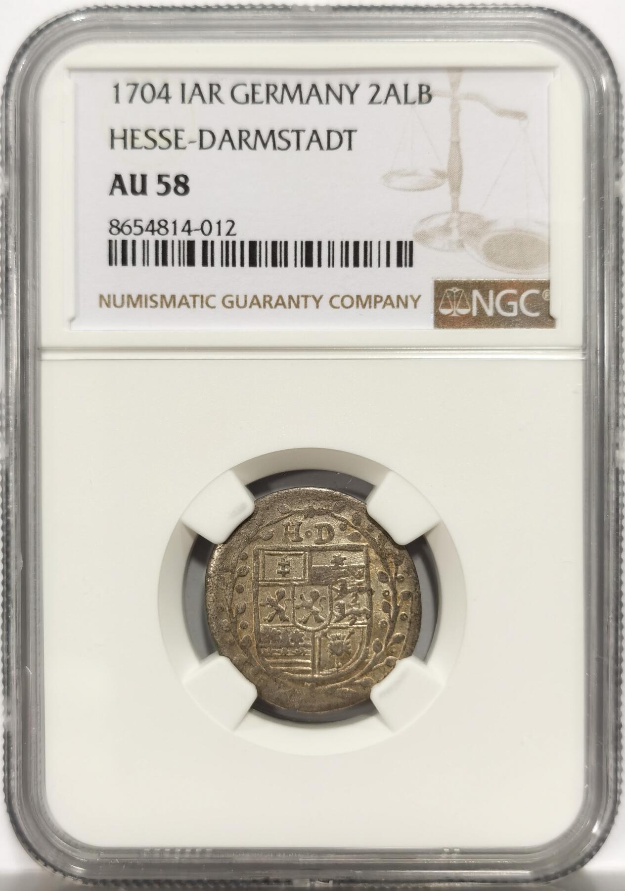 博洋堂世界钱币拍卖第150期（全场包邮） NGC AU58 德国黑森达姆斯特1704年2ALB银币， 少见品种，唯一冠军分！