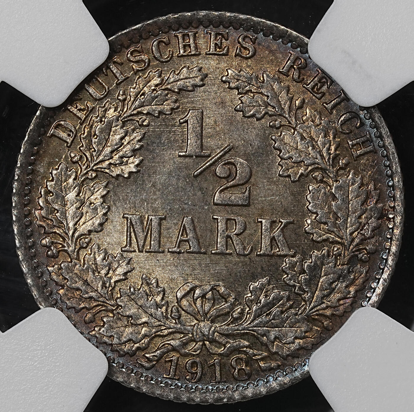 修遠堂世界钱币第九十六期 NGC MS65 1918年德国1/2马克银币 A厂铭 黑彩漂亮