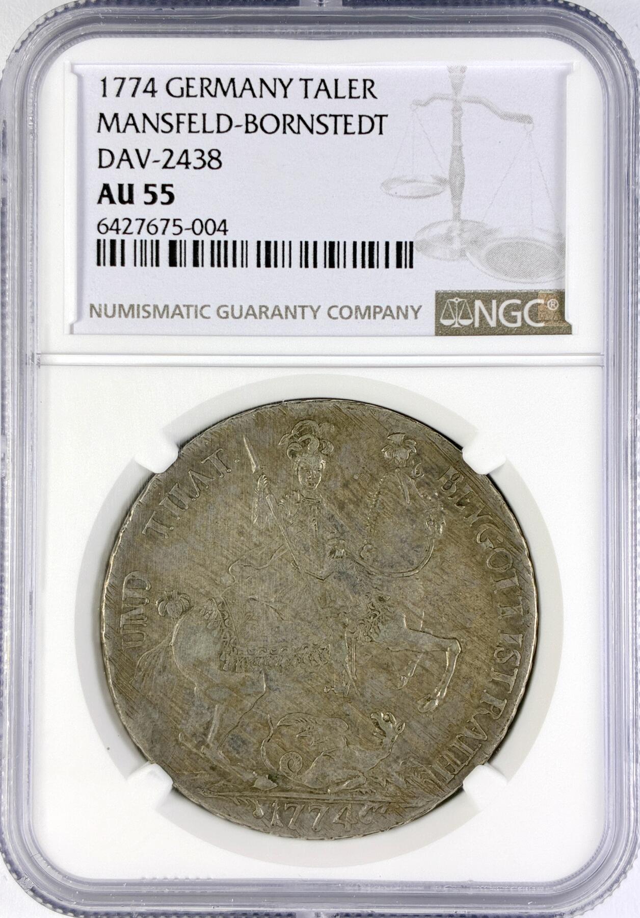 【雨安】【直播拍卖】【世界币章119期-评级币】2025-12-06 周六 19:30 保真 [评级德国] Germany 德国 德意志 1泰勒 Mansfeld-Bornstedt曼斯费尔德-波茨坦 KM#0151 DAV-2438 1774年 屠龙  NGC-AU55