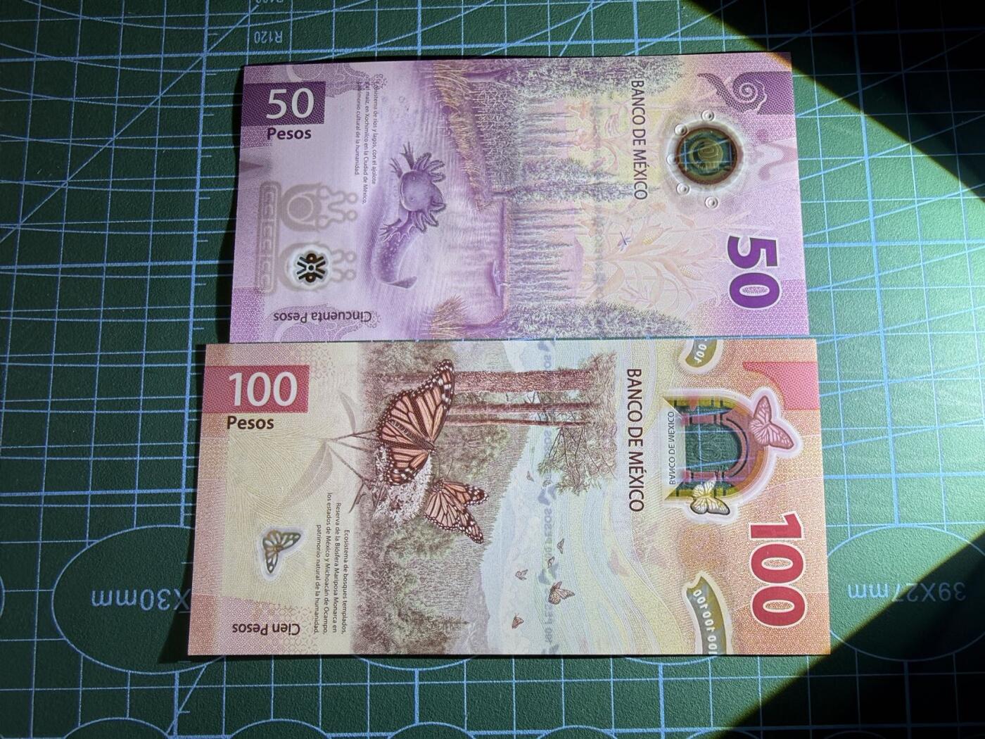 【炜奕收藏】，第五十二期 墨西哥50&100比索两张，UNC品相，包含一张无47