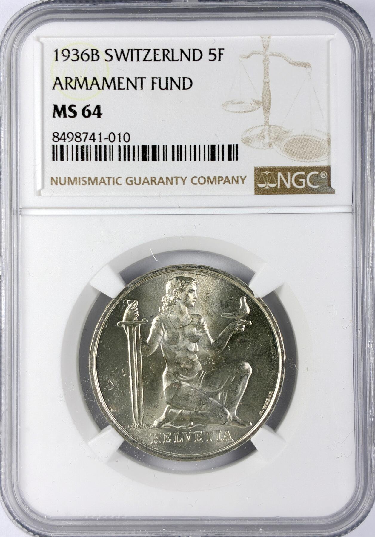【雨安】【直播拍卖】【世界币章119期-评级币】2025-12-06 周六 19:30 保真 [评级欧洲] Switzerland 瑞士 5法郎 1936年 军备基金 KM# 41  NGC-MS64