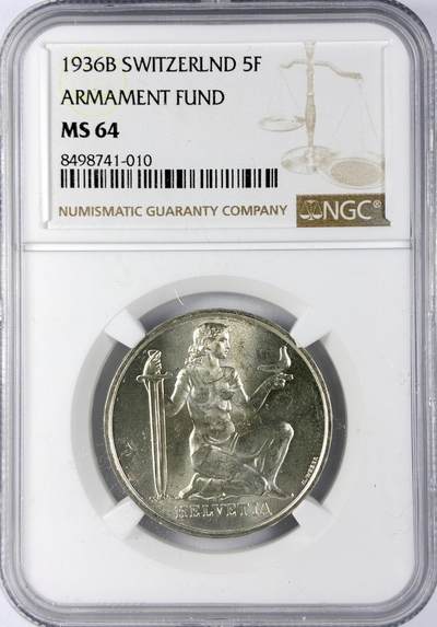 【雨安】【直播拍卖】【世界币章119期-评级币】2025-12-06 周六 19:30 保真 - [评级欧洲] Switzerland 瑞士 5法郎 1936年 军备基金 KM# 41  NGC-MS64