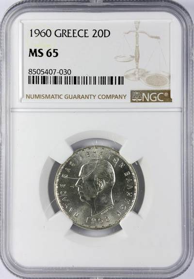 【雨安】【直播拍卖】【世界币章119期-评级币】2025-12-06 周六 19:30 保真 - [评级欧洲] Greece 希腊 20德拉克马 1960年  NGC-MS65