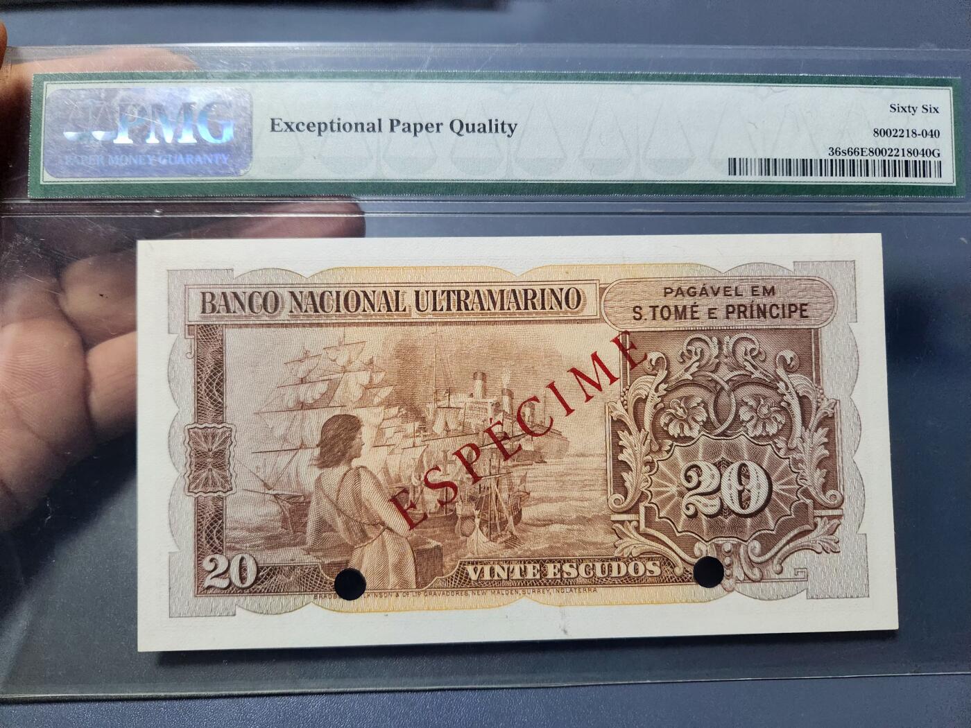 12月5号晚上8点 评级币专场外国纸币自动截拍第68场 圣多美和普林西比 1958年20 样票PMG66