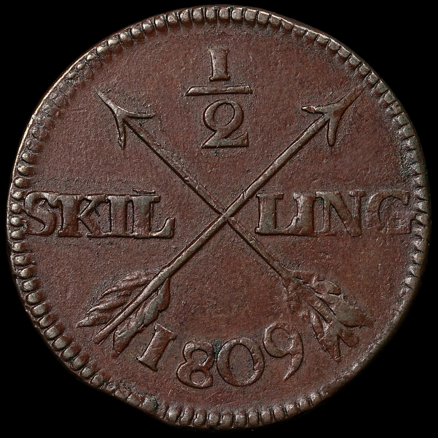 修遠堂世界钱币第九十六期 1809年瑞典1/2 SKILLING铜币 13.68g