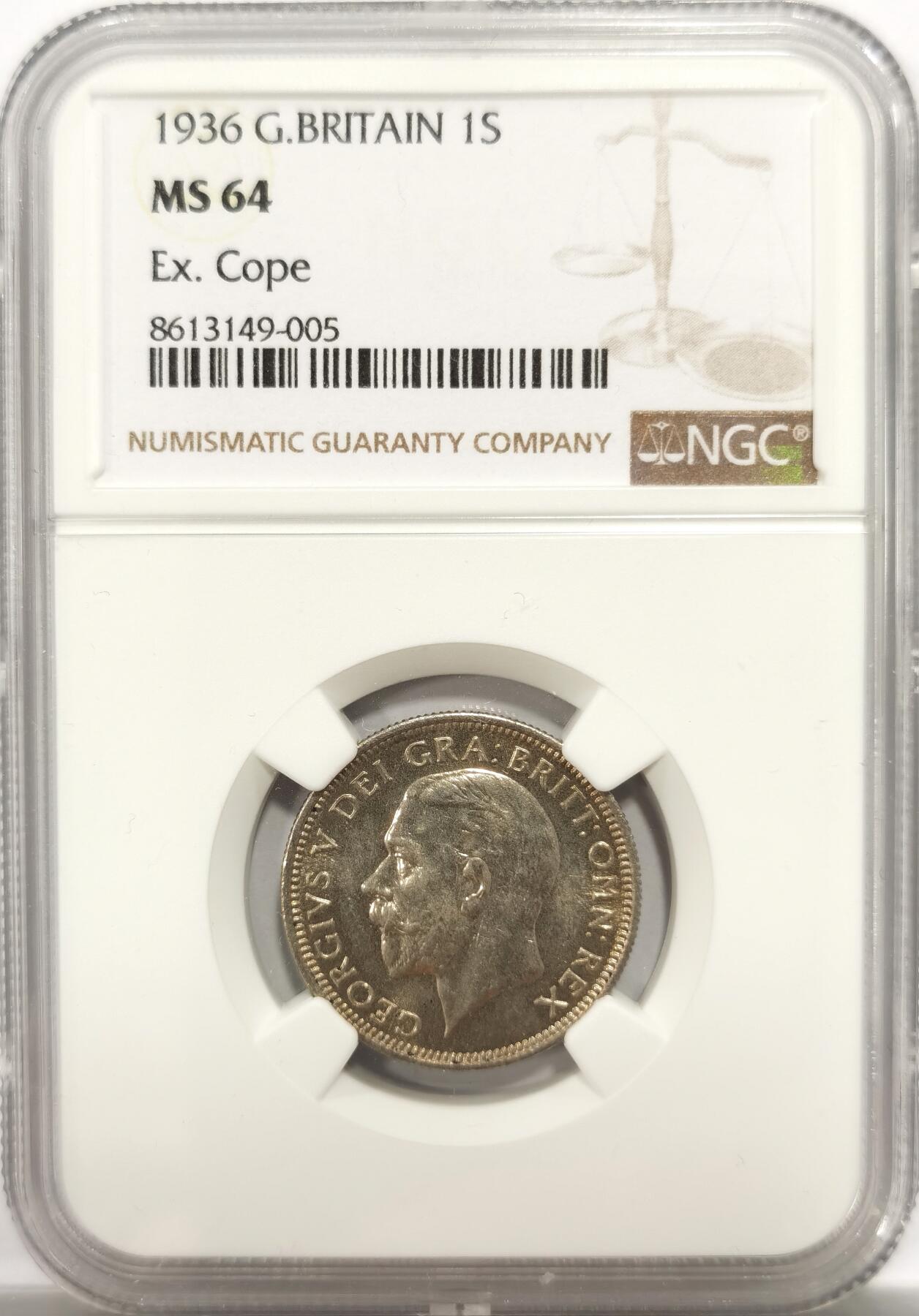 博洋堂世界钱币拍卖第150期（全场包邮） NGC MS64 英国1936年乔治五世先令银币，英系藏家Cope旧藏。完全未流通状态，这颗有着一丝类似木马剑的Specimen的特质，币面平整、深打、不见转光。适合喜欢特殊状态的玩家花普制的价格买回去细细研究。