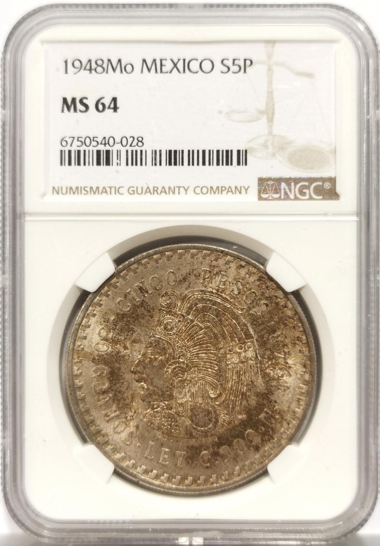 博洋堂世界钱币拍卖第150期（全场包邮） NGC MS64 墨西哥1948年玛雅酋长5比索鹰洋银币，原汁原味老包浆，包浆醇厚，味道币味道足，五彩包浆锋利感十足，状态极佳。