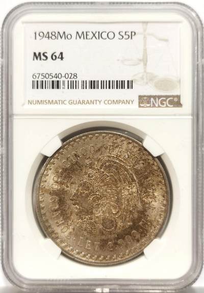博洋堂世界钱币拍卖第150期（全场包邮） - NGC MS64 墨西哥1948年玛雅酋长5比索鹰洋银币，原汁原味老包浆，包浆醇厚，味道币味道足，五彩包浆锋利感十足，状态极佳。