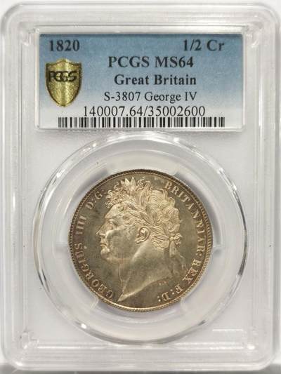 博洋堂世界钱币拍卖第150期（全场包邮） PCGS MS64 英国1820年乔四半克朗银币，币面完美无瑕，绝对难得一见的佳品