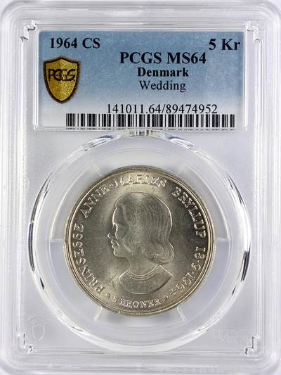 【雨安】【直播拍卖】【世界币章119期-评级币】2025-12-06 周六 19:30 保真 - [评级欧洲] Denmark 丹麦 5克朗 1964年 结婚  PCGS-MS64
