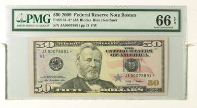 【礼羽收藏】🌏世界钱币拍卖第114期 - 2009年 50美元 彩色版 星补号 号码无4 波士顿首发分区 PMG老壳严评66EPQ 