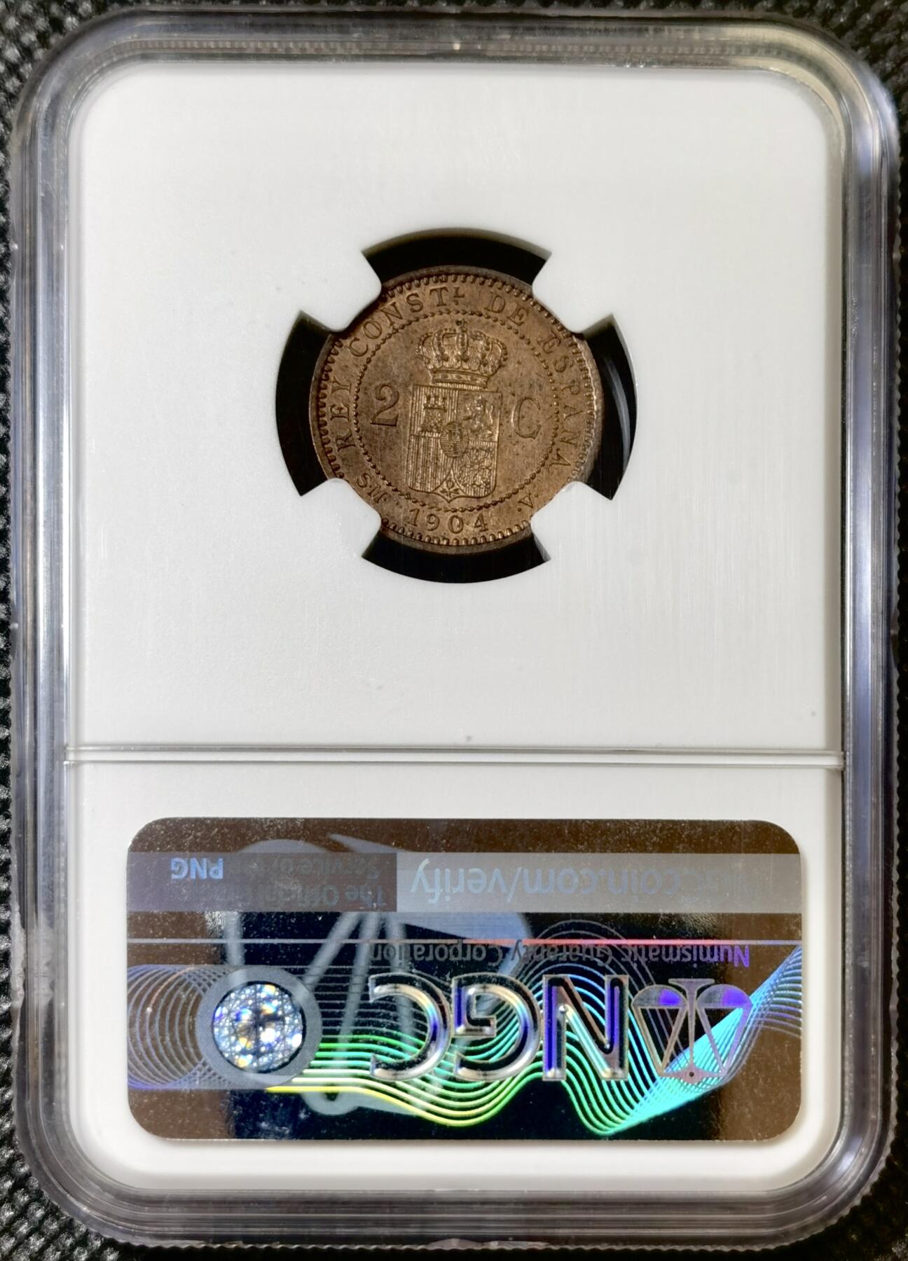 甄臻铺-世界币章拍卖（第42期）送拍享返佣金等优惠多多 NGC-MS63RB 1904 西班牙阿方索十三世少年头军装双柱2 分铜币