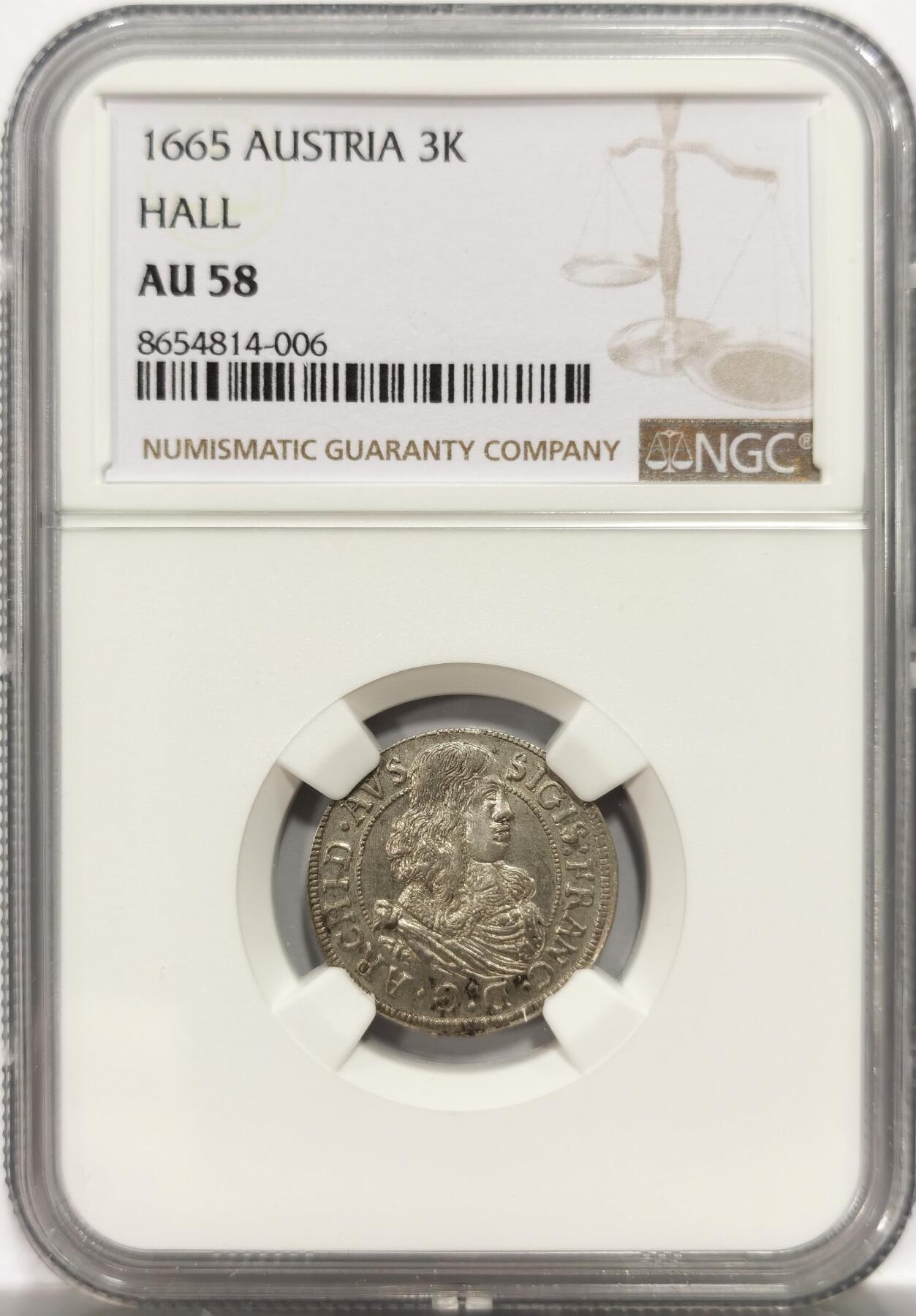 博洋堂世界钱币拍卖第150期（全场包邮） NGC AU58 奥地利1665年3克鲁泽银币，仅有2枚更高分