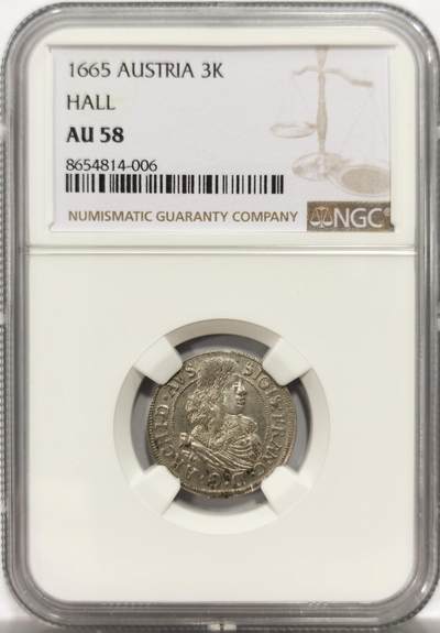 博洋堂世界钱币拍卖第150期（全场包邮） - NGC AU58 奥地利1665年3克鲁泽银币，仅有2枚更高分