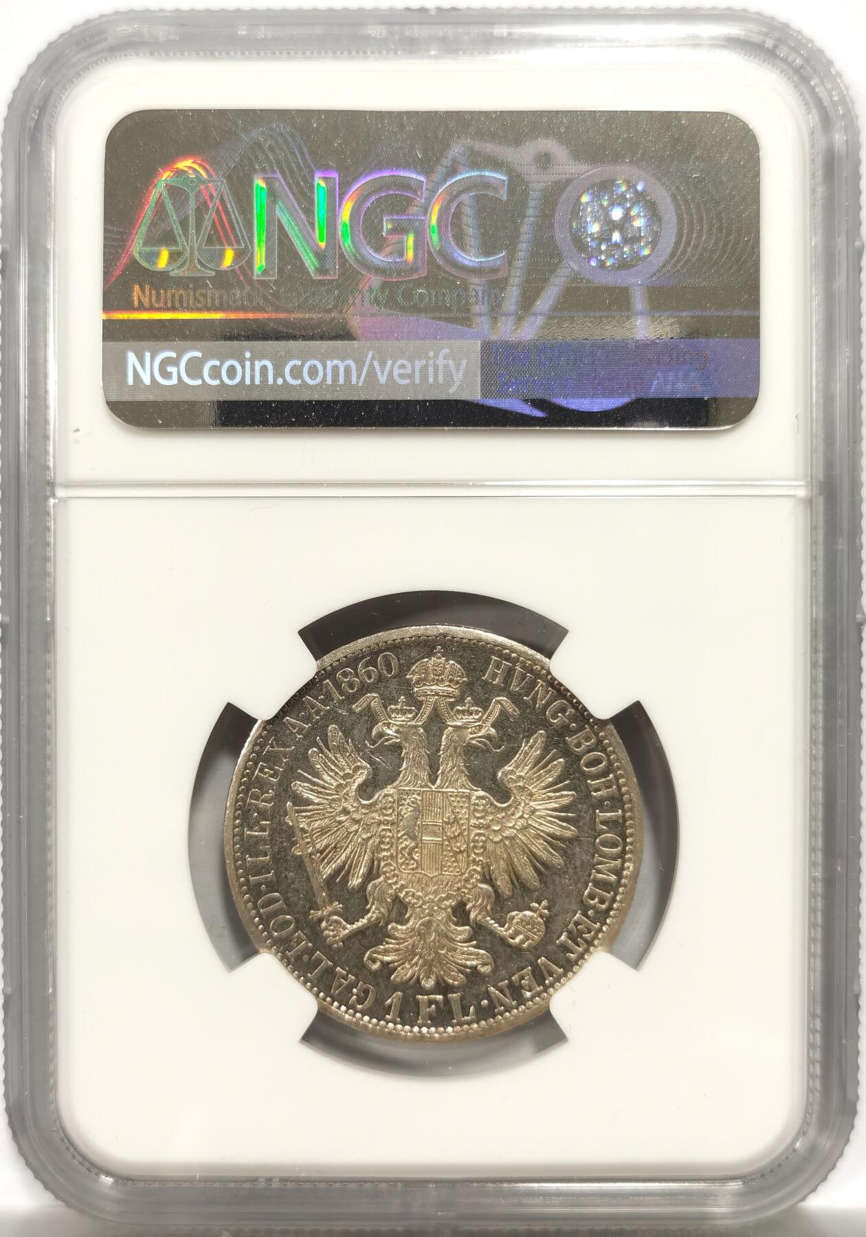 博洋堂世界钱币拍卖第150期（全场包邮） NGC MS61 奥地利1860年1弗洛林银币，奥皇约瑟夫弗朗茨一世早期主币，币面有镜面感