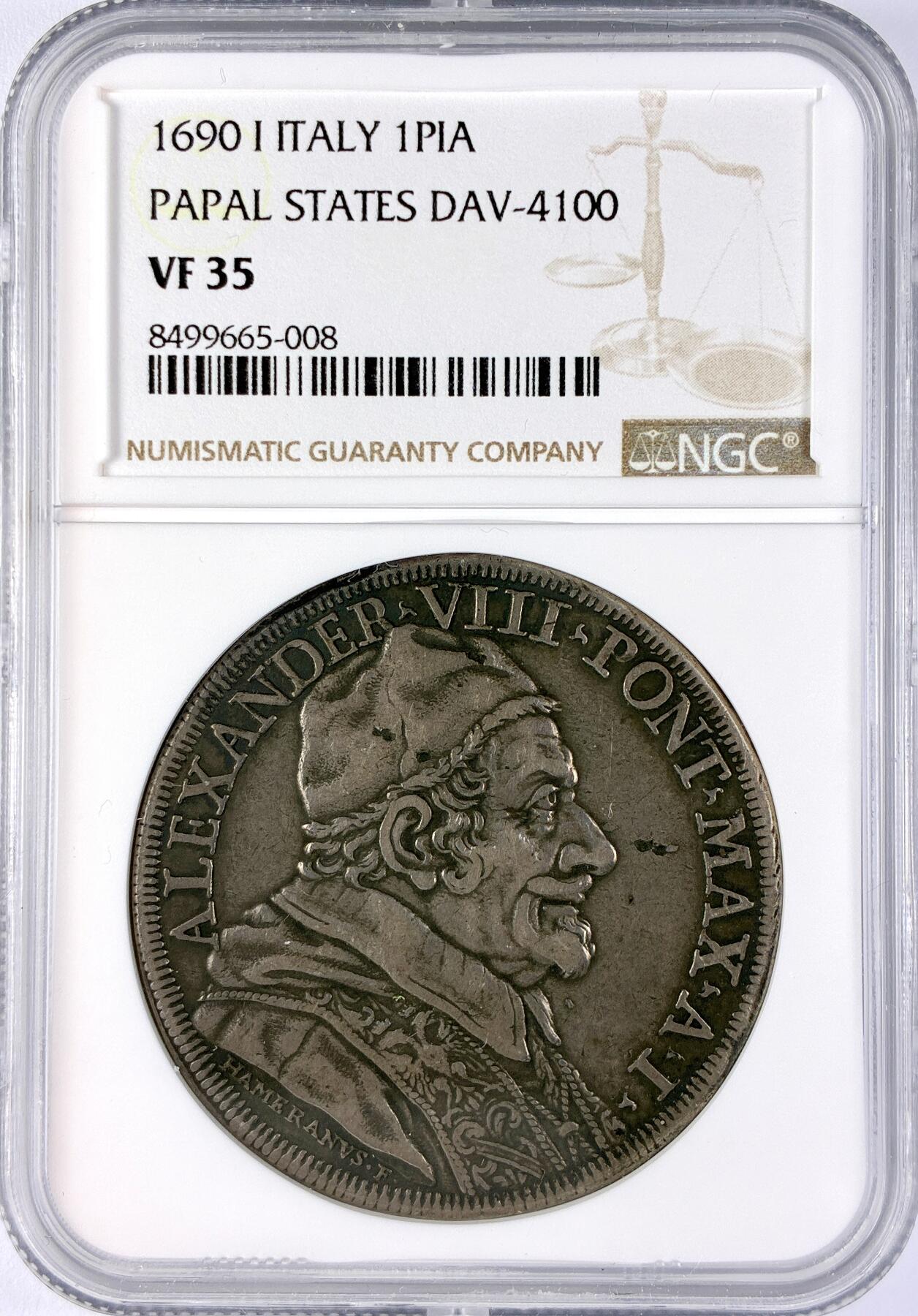 【雨安】【直播拍卖】【世界币章119期-评级币】2025-12-06 周六 19:30 保真 [评级欧洲] Italy 意大利 Papal梵蒂冈 1PIA 1690年 亚历山大八世  NGC-VF35