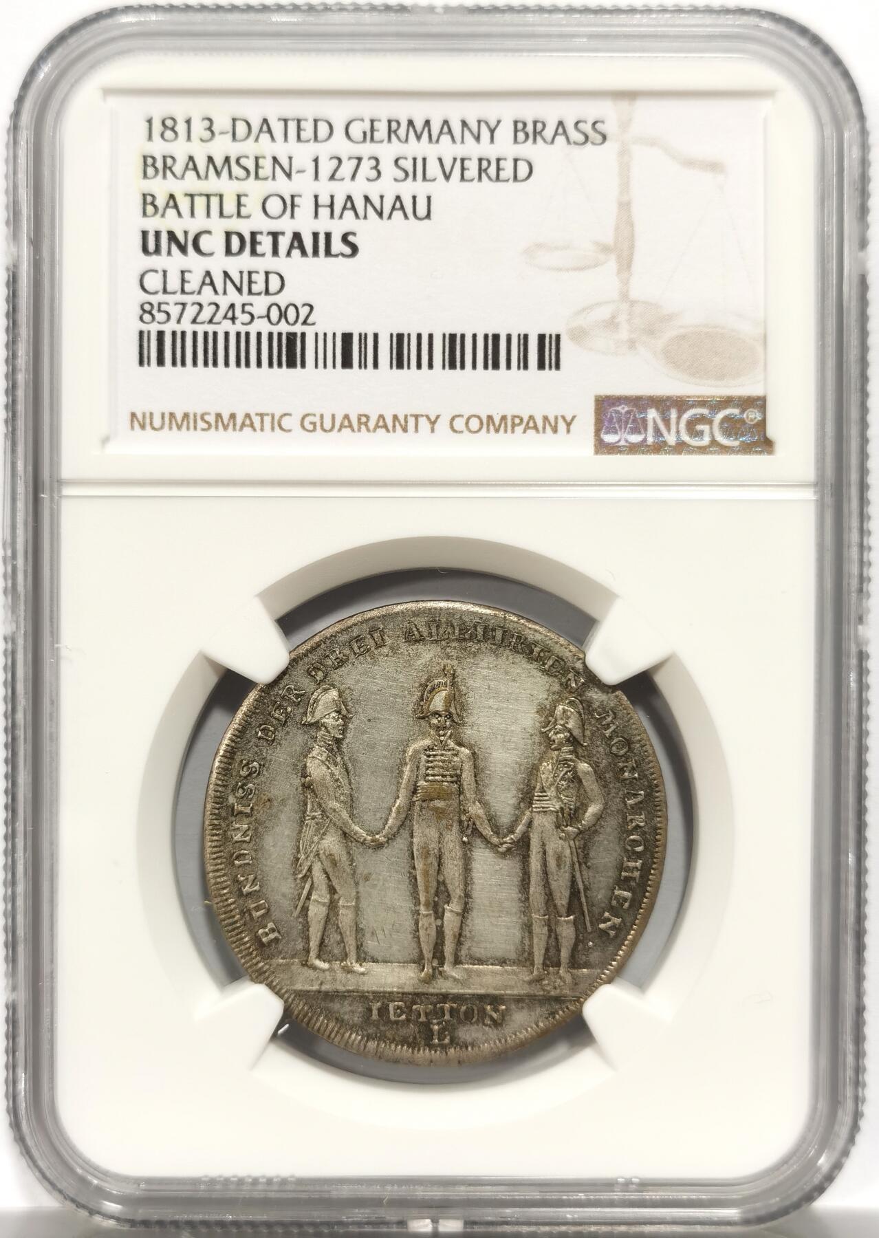 博洋堂世界钱币拍卖第150期（全场包邮） NGC UNCD 德国1813年巴伐利亚王国纽伦堡市反法联盟哈瑙战役胜利镀银纪念章，35mm非常罕见品种，已知评级的该纪念章大多品相很差，该枚纪念章原味未下水老彩老味道，UNC不易。纪念章正面为俄罗斯皇帝亚历山大一世、奥地利皇帝弗朗茨一世和普鲁士国王腓特烈威廉三世手挽手形象以及铭文”三位同盟君主的联盟“，背面为哈瑙战役战场刻画，顶部双头鹰翱翔天空，以及铭文”德国因勇气而获得解放-1813年10月3