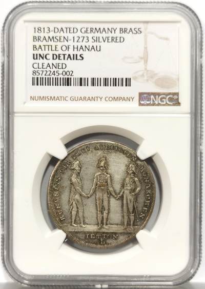 博洋堂世界钱币拍卖第150期（全场包邮） NGC UNCD 德国1813年巴伐利亚王国纽伦堡市反法联盟哈瑙战役胜利镀银纪念章，35mm非常罕见品种，已知评级的该纪念章大多品相很差，该枚纪念章原味未下水老彩老味道，UNC不易。纪念章正面为俄罗斯皇帝亚历山大一世、奥地利皇帝弗朗茨一世和普鲁士国王腓特烈威廉三世手挽手形象以及铭文”三位同盟君主的联盟“，背面为哈瑙战役战场刻画，顶部双头鹰翱翔天空，以及铭文”德国因勇气而获得解放-1813年10月3