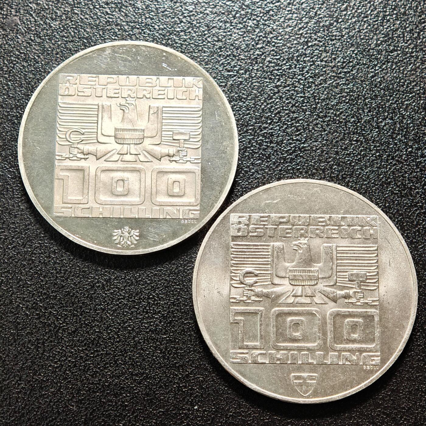 【德藏】世界币章拍卖第156期（拍品征集中~欢迎藏友联系） 2枚一组 1976年 奥地利因斯布鲁克冬季奥运会滑雪100先令纪念银币 精制普制各一枚 直径约：36mm/枚；重约：24g/枚