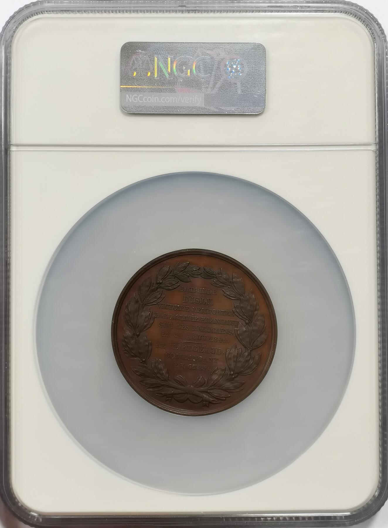 博洋堂世界钱币拍卖第150期（全场包邮） NGC MS64 法国1844年菲利普一世伊斯利战役胜利纪念大铜章，52mm大规格超大盒，铜章正面为法国国王菲利普一世头像，高浮雕好品，64高分很不易。伊利斯战役为法国元帅托马斯罗伯特比若指挥法军与摩洛哥在伊利斯河畔爆发的的军事冲突，法国经该战役战胜摩洛哥并迫使摩洛哥签署条约结束冲突。
