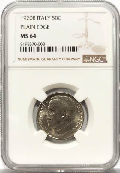 博洋堂世界钱币拍卖第150期（全场包邮） - NGC MS64 意大利1920年50分镍币，四狮子拉车，经典古罗马风格设计