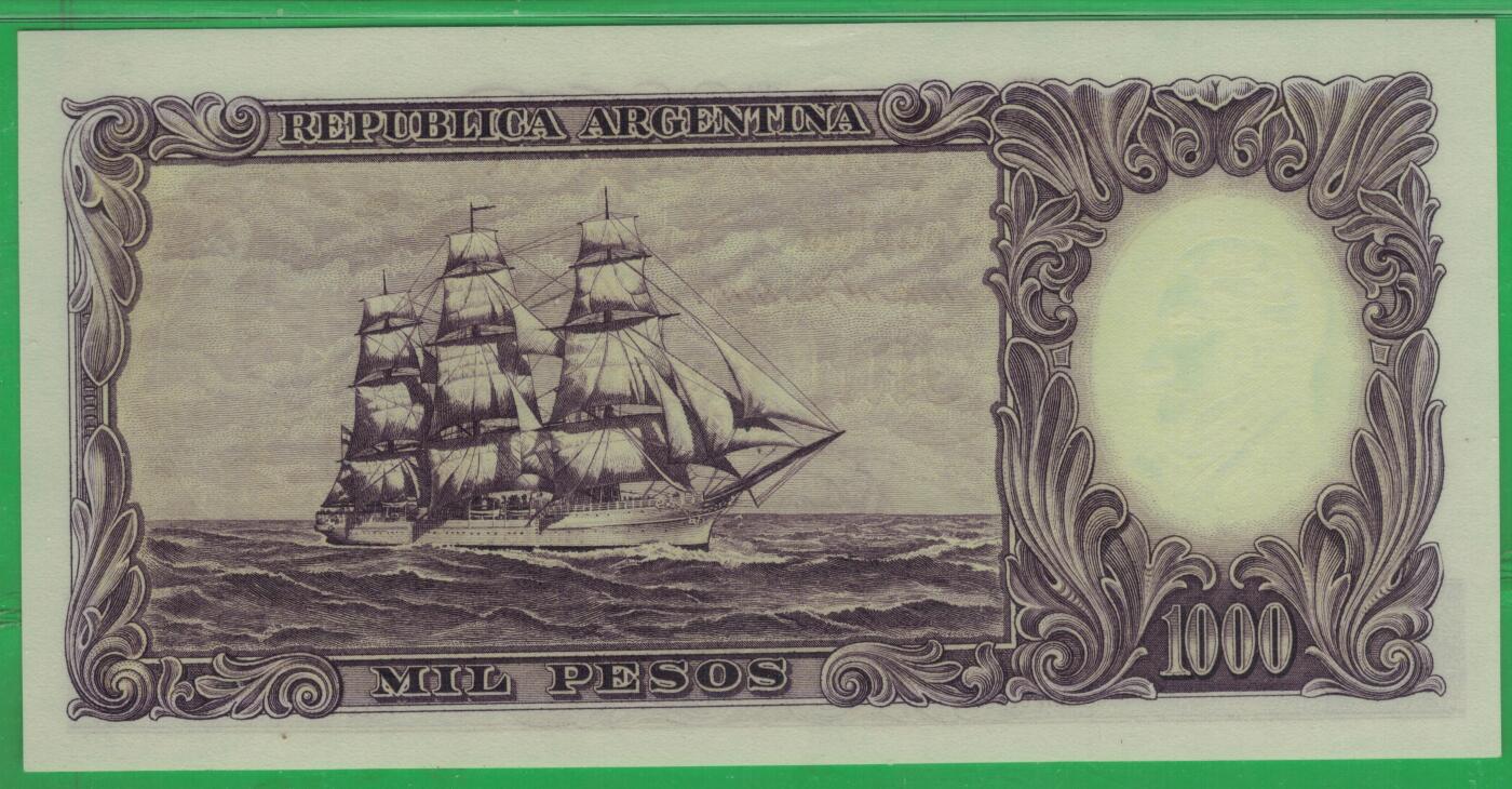 阿根廷1954年至1964年1000比索 P-274a C序列 实物图 UNC a版冠军分 注：也有资料说1955年至1965年