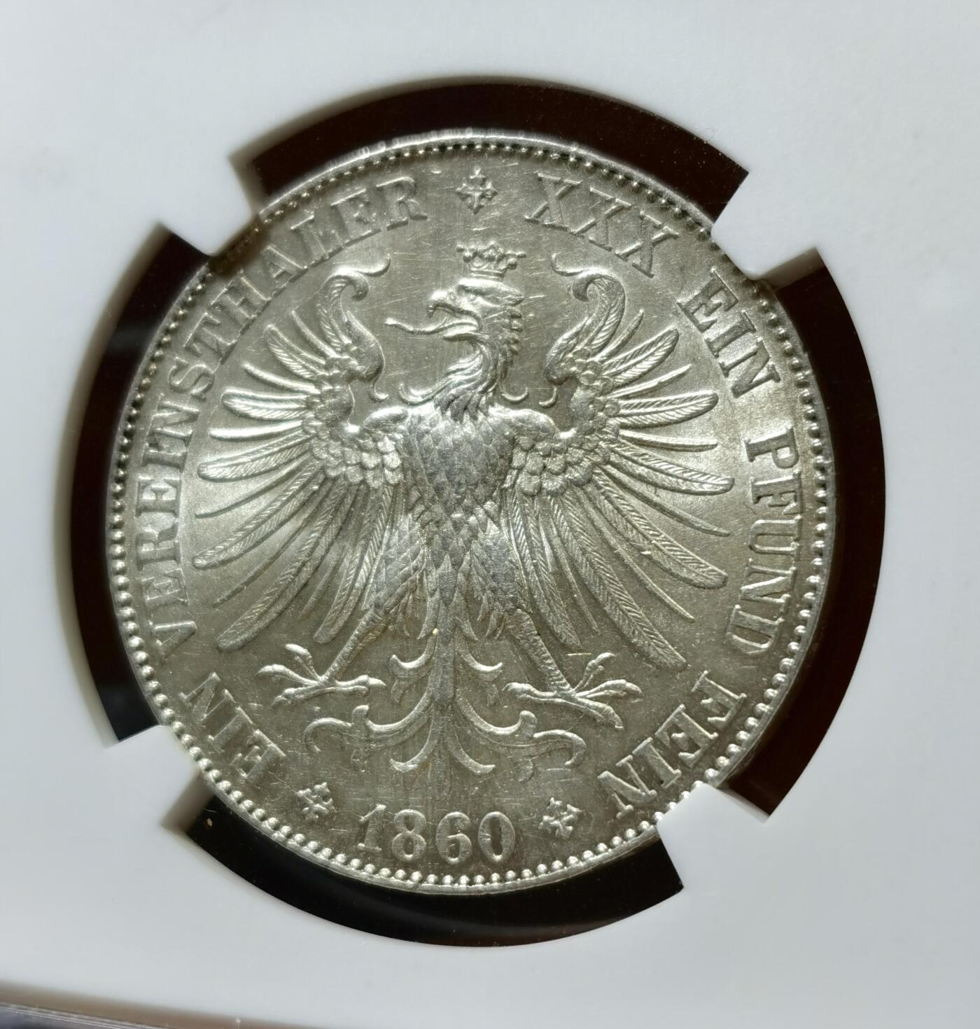 甄臻铺-世界币章拍卖（第42期）送拍享返佣金等优惠多多 NGC-MS61 1860 法兰克福少女（双发髻）1泰勒银币，转光明显