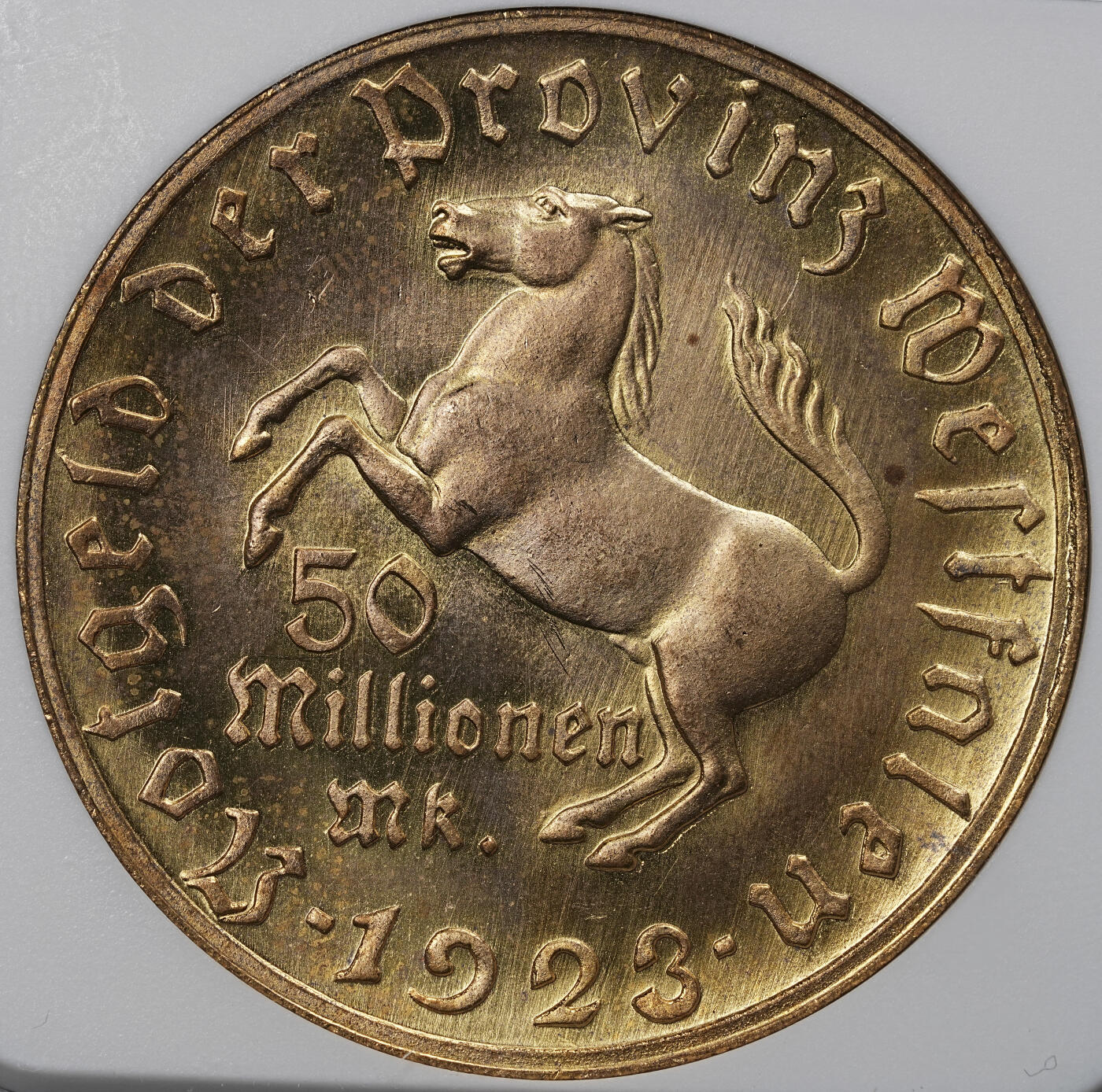 修遠堂世界钱币第九十六期 NGC MS65 1923年德国紧急时期威斯特法伦5000万马克大马币