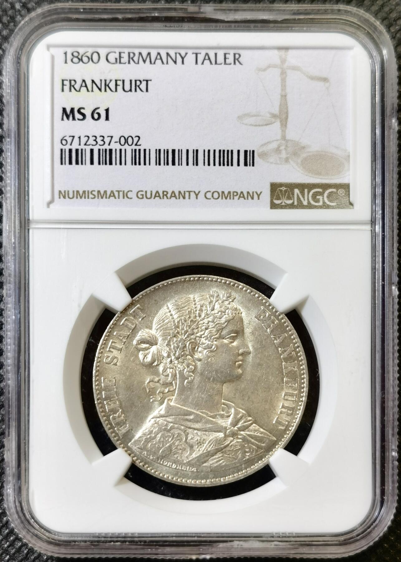 甄臻铺-世界币章拍卖（第42期）送拍享返佣金等优惠多多 NGC-MS61 1860 法兰克福少女（双发髻）1泰勒银币，转光明显
