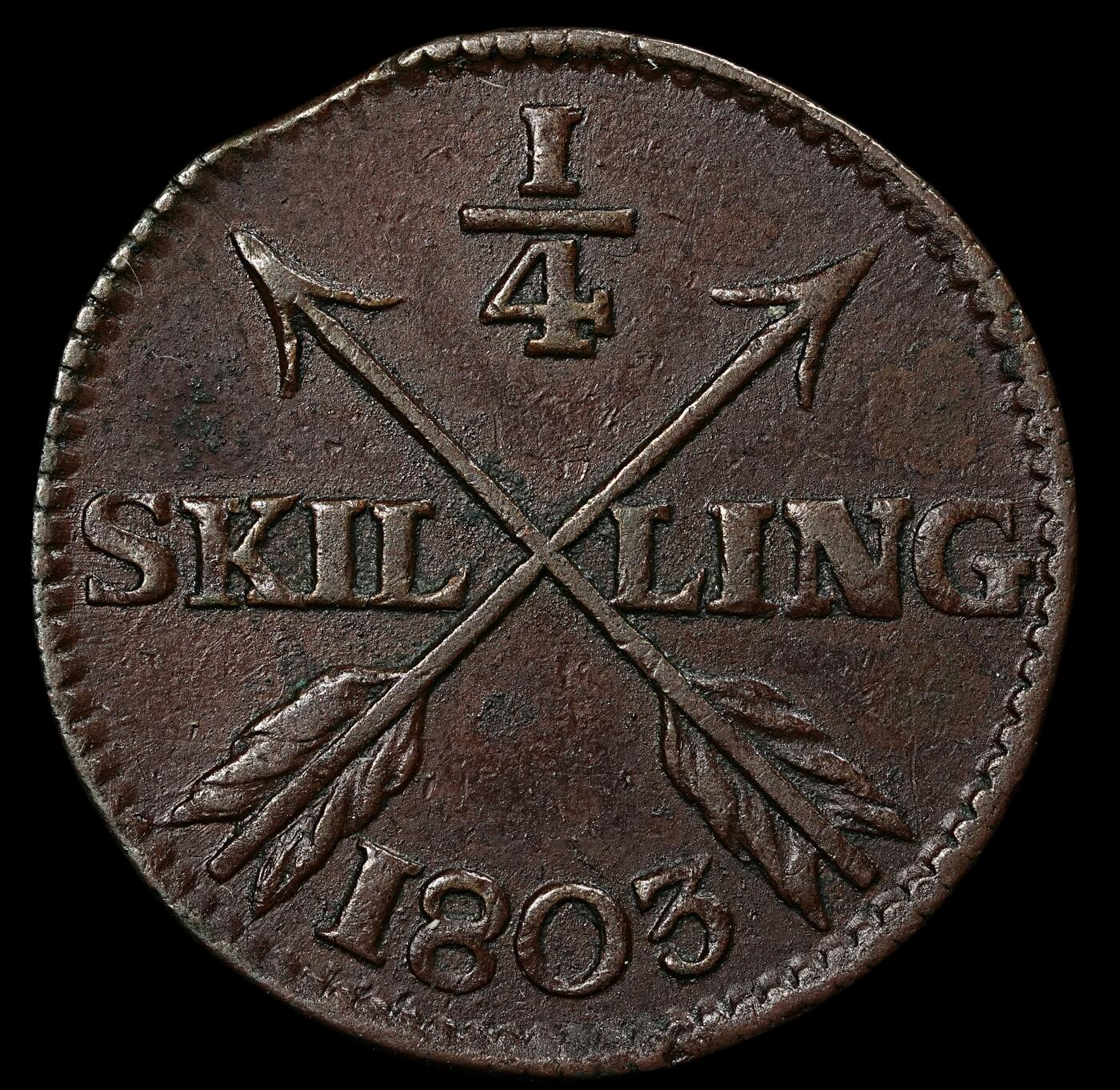 修遠堂世界钱币第九十六期 1803年瑞典1/4 SKILLING铜币 6.91g