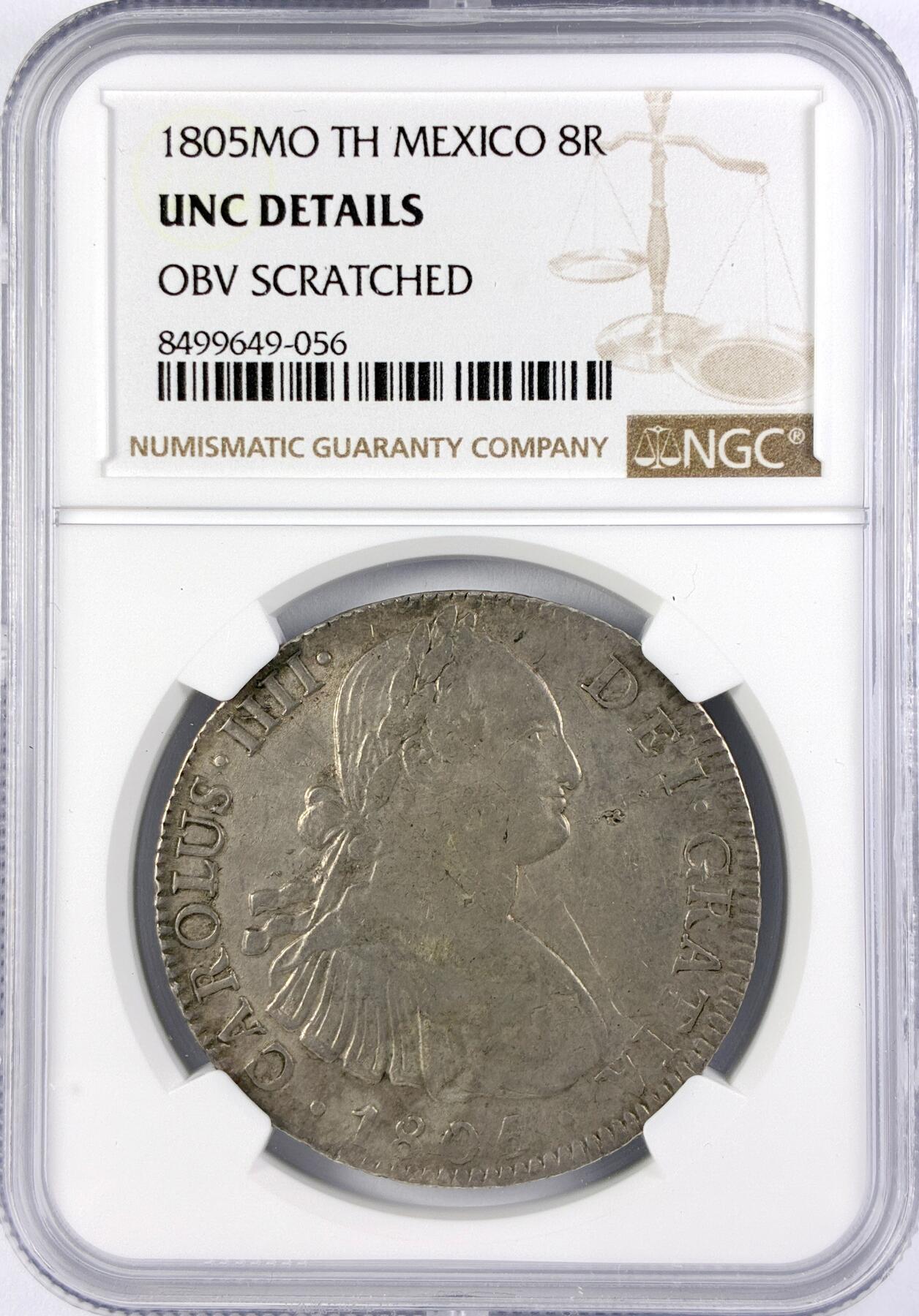 【雨安】【直播拍卖】【世界币章119期-评级币】2025-12-06 周六 19:30 保真 [评级美洲] Spanish Mexico 西属墨西哥 8里亚尔 卡洛斯四世 双柱 1805年  NGC-UNC