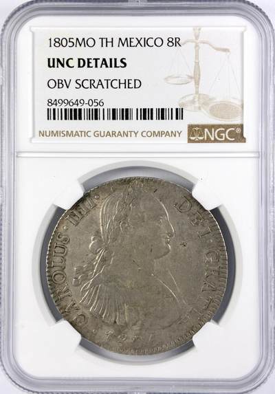 【雨安】【直播拍卖】【世界币章119期-评级币】2025-12-06 周六 19:30 保真 - [评级美洲] Spanish Mexico 西属墨西哥 8里亚尔 卡洛斯四世 双柱 1805年  NGC-UNC