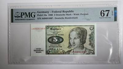 听雨轩精品外币（九十九） - 德国5马克 pmg67 稀少倒置号 丢勒画作《年轻的威尼斯女子像》1960初版