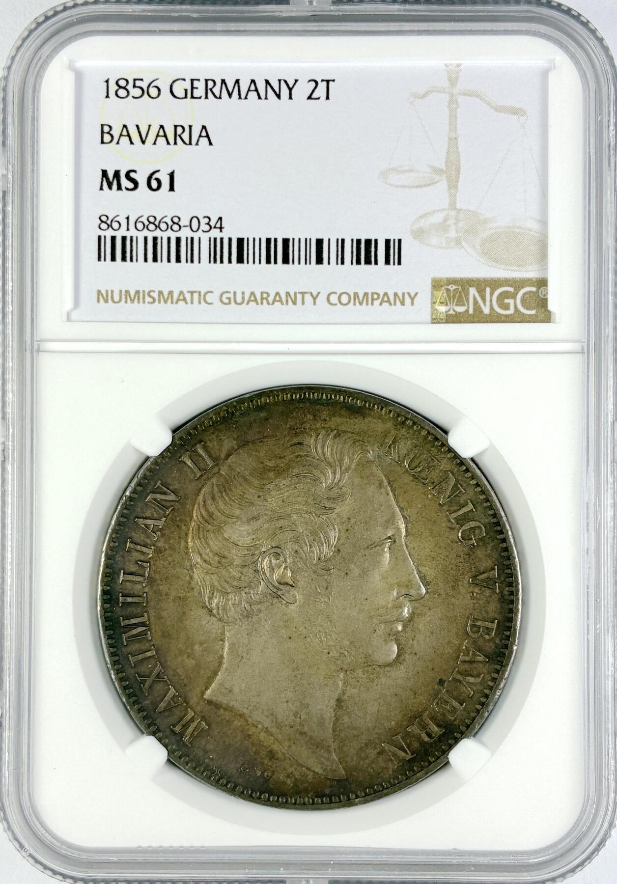 【雨安】【直播拍卖】【世界币章119期-评级币】2025-12-06 周六 19:30 保真 [评级德国] Germany 德国 德意志 2泰勒 Bavaria巴伐利亚 Thun.091 KM#0837 (1849-1856)马克西米利安二世 1856年  NGC-MS61 原味酱彩老包浆