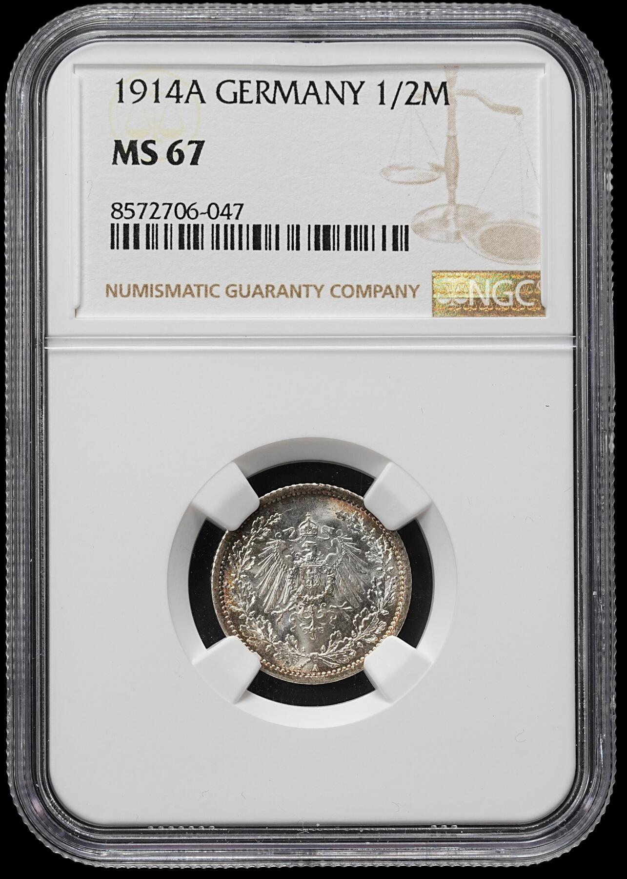 修遠堂世界钱币第九十六期 NGC MS67 1914年德国1/2马克银币 A厂铭