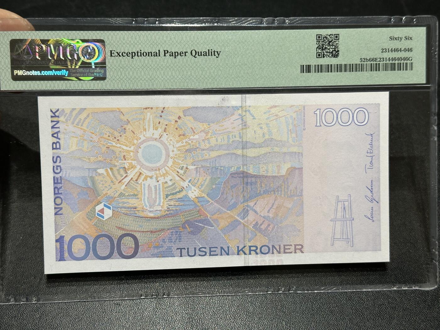 《外钞收藏家》第五百九十一期（畅拍场）（本平台长期征集拍品、欢迎藏友们联系合作） 2004年挪威1000克朗 再版 PMG66 尾765