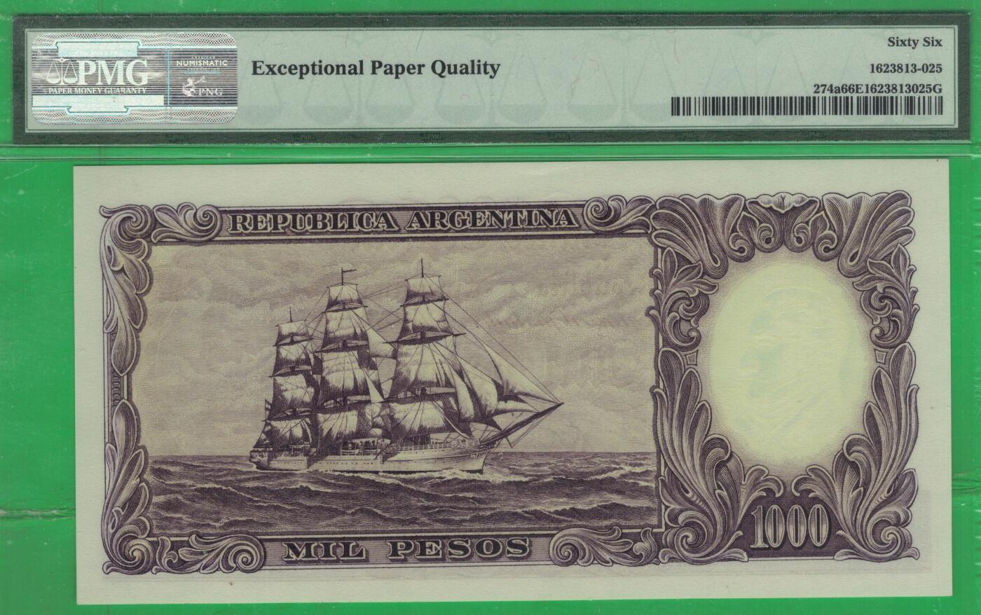 阿根廷1954年至1964年1000比索 P-274a C序列 实物图 UNC a版冠军分 注：也有资料说1955年至1965年