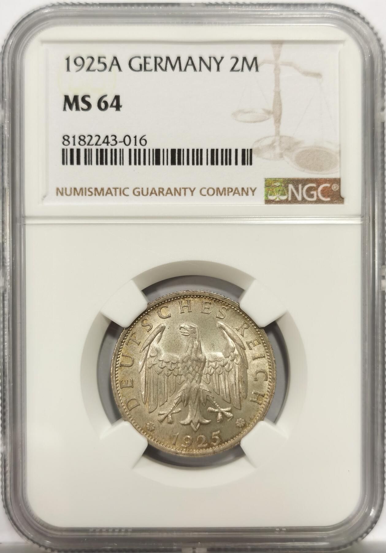 博洋堂世界钱币拍卖第150期（全场包邮） NGC MS64 德国魏玛共和国1925年A版2马克银币