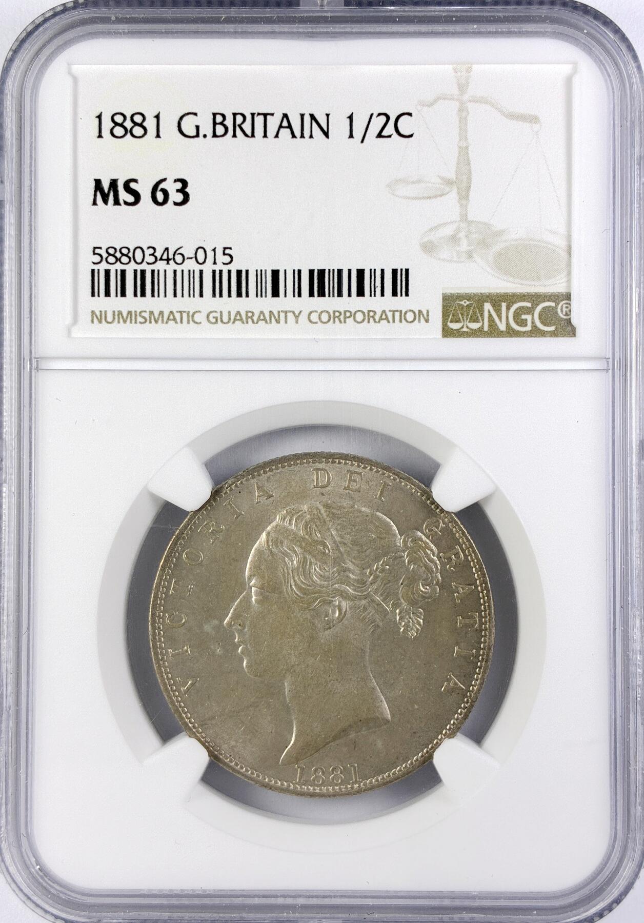 【雨安】【直播拍卖】【世界币章119期-评级币】2025-12-06 周六 19:30 保真 [评级欧洲] Great Britain 英国 1/2克朗 1881年 维多利亚  NGC-MS63