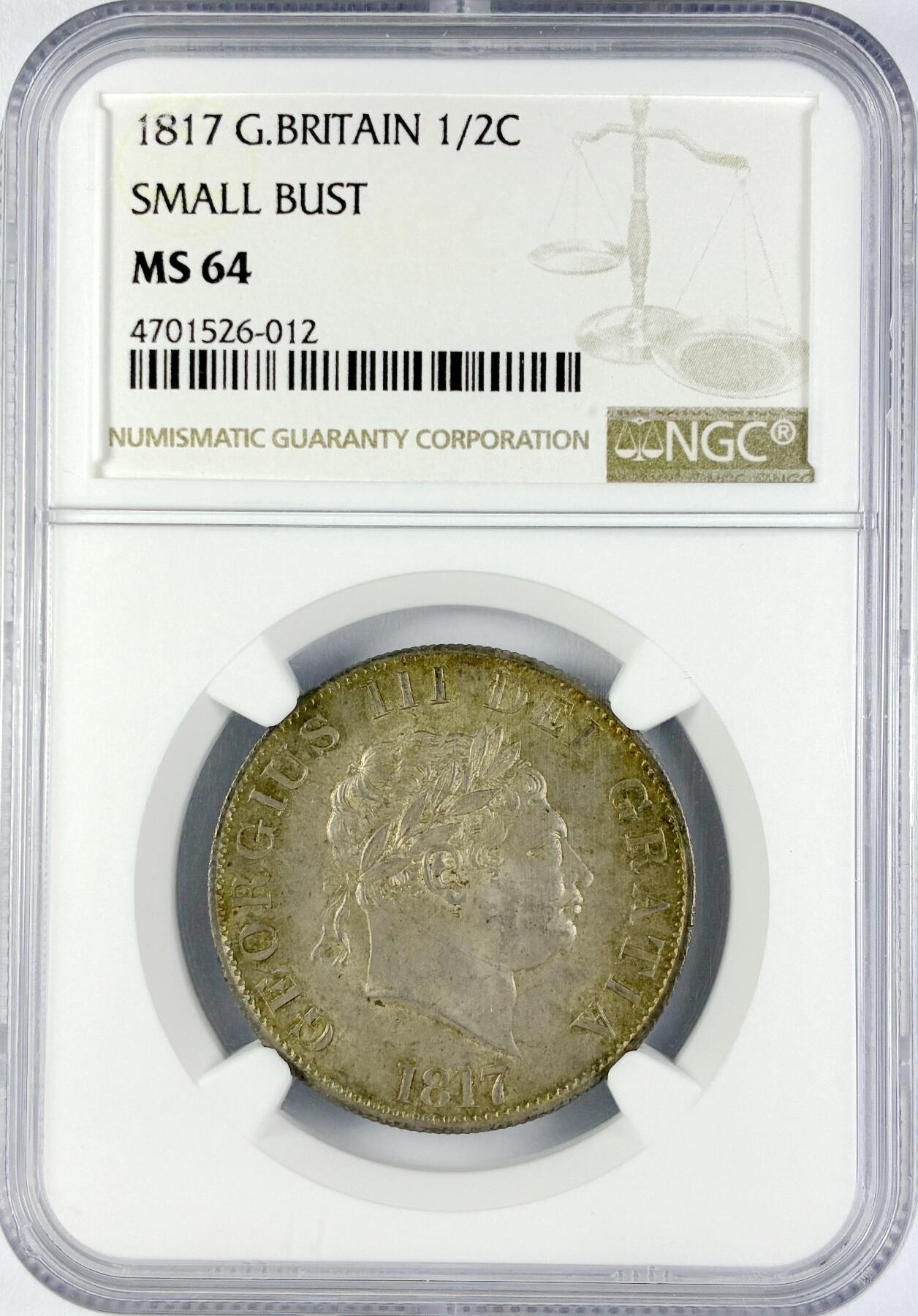 【雨安】【直播拍卖】【世界币章119期-评级币】2025-12-06 周六 19:30 保真 [评级欧洲] Great Britain 英国 1/2克朗 1817年 乔治三世  NGC-MS64