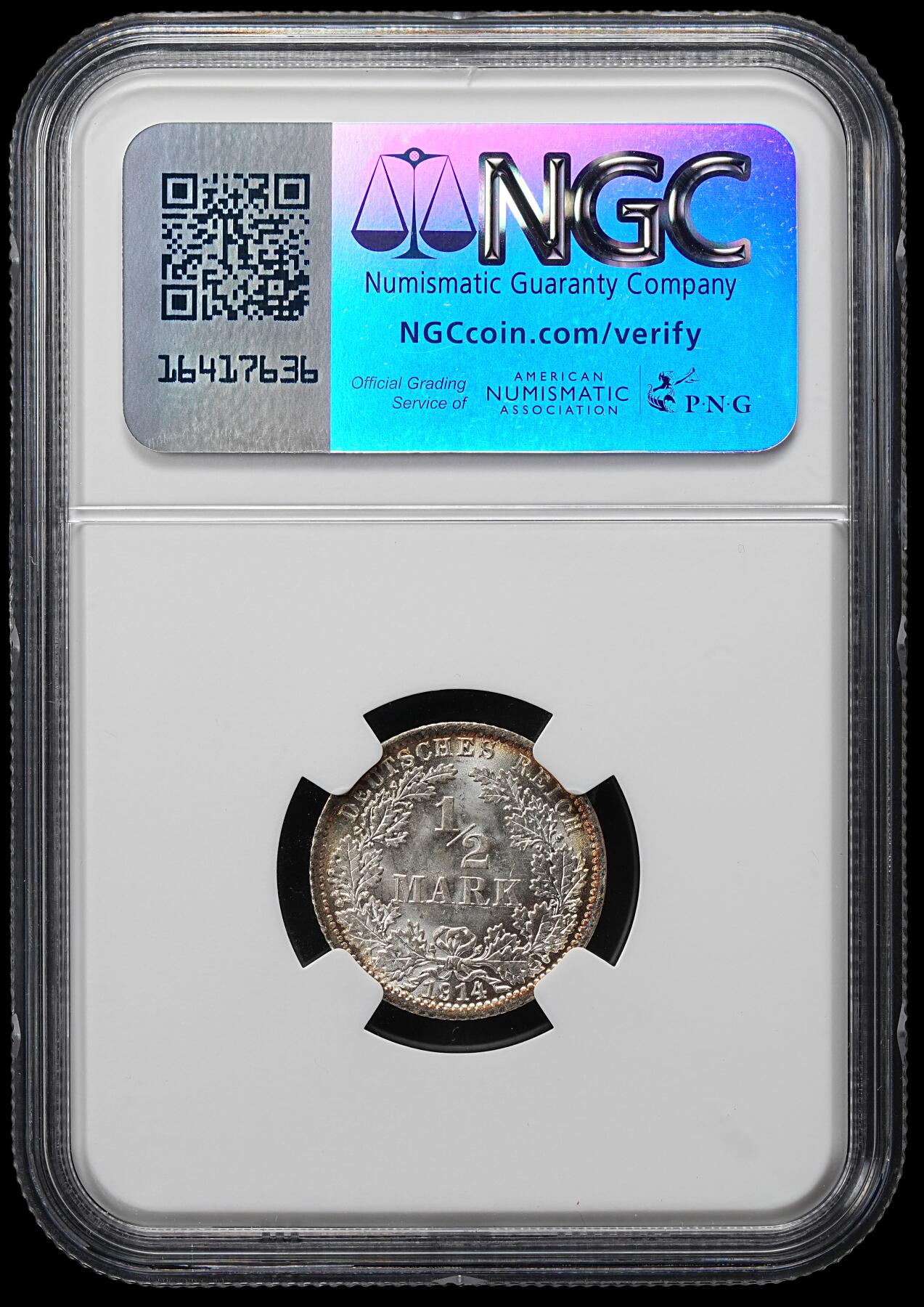 修遠堂世界钱币第九十六期 NGC MS67 1914年德国1/2马克银币 A厂铭