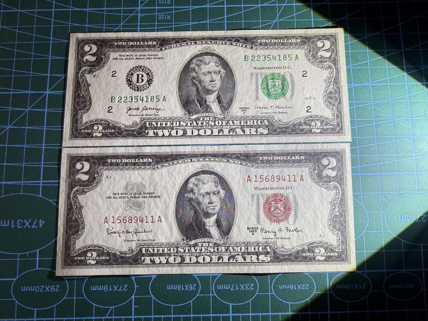 【炜奕收藏】，第五十二期 1963年&2017年美国2美元，UNC品相，包含AA冠