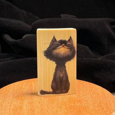 听雨轩（34）天然彩绘实心玉竹牌专场 - 实心玉竹牌   黑猫 4*6cm