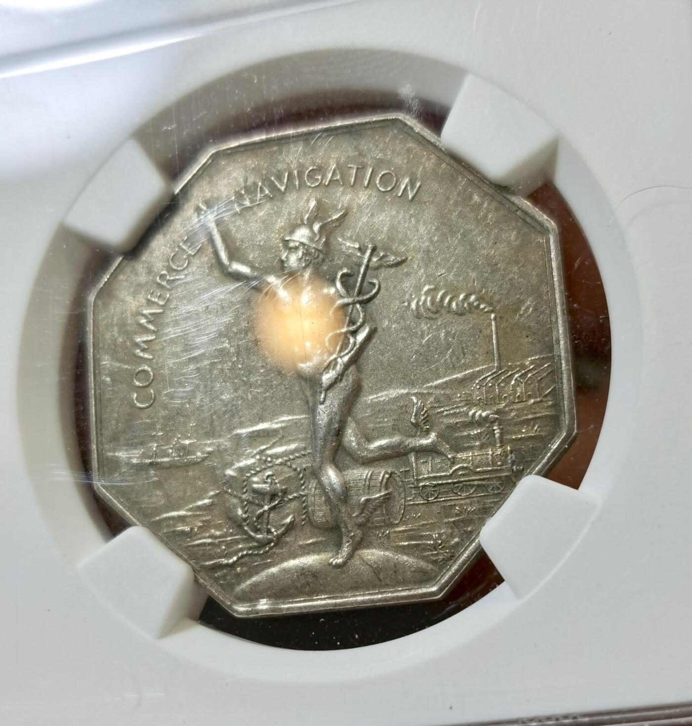 甄臻铺-世界币章拍卖（第42期）送拍享返佣金等优惠多多 NGC-MS61 1830 法国八角墨丘利信徒，罗讷商会八角银章代币