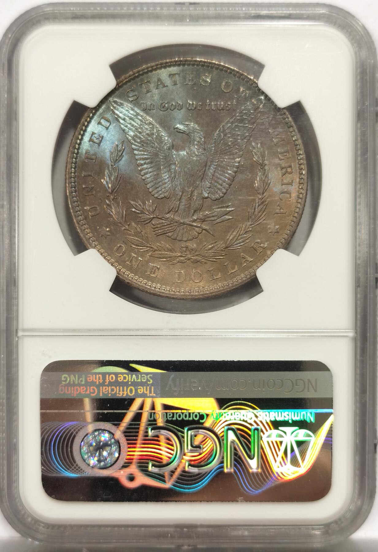 博洋堂世界钱币拍卖第150期（全场包邮） NGC MS65 美国1886摩根银币 鹰面红蓝渐变满五彩转光 人像橙色月牙