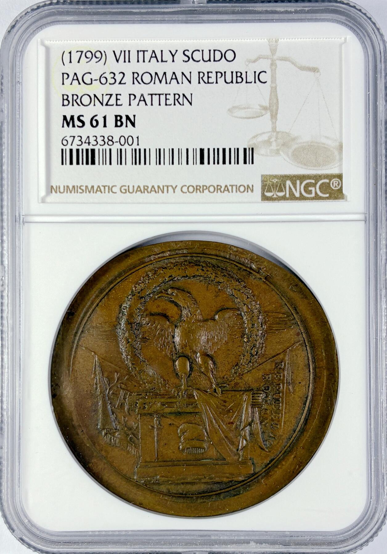 【雨安】【直播拍卖】【世界币章119期-评级币】2025-12-06 周六 19:30 保真 [评级欧洲] Italy 意大利 Roman Republic罗马共和 1斯库多 1799年  NGC-MS61 顶级罕见